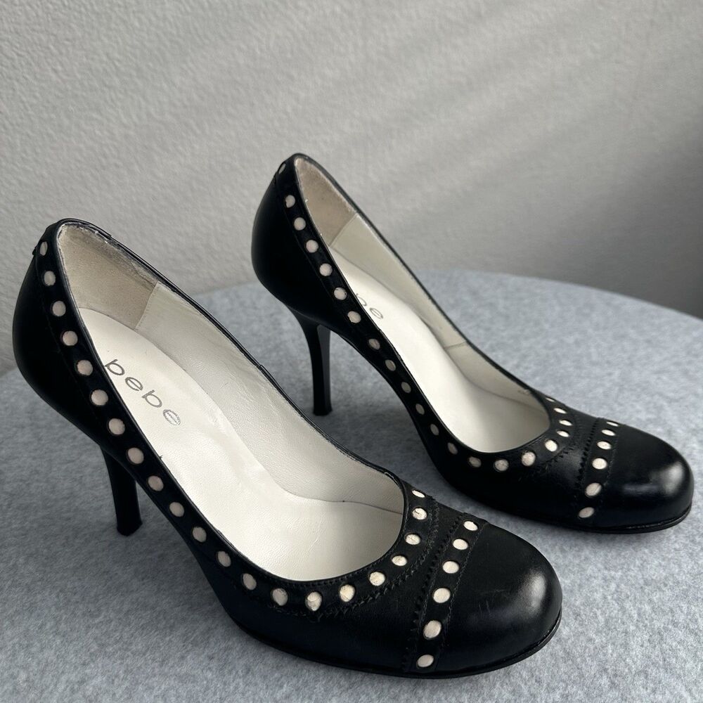 Bebe Y2K Heels Womens 6.5 Black White Leather Polka Dot Siren Vintage Retro